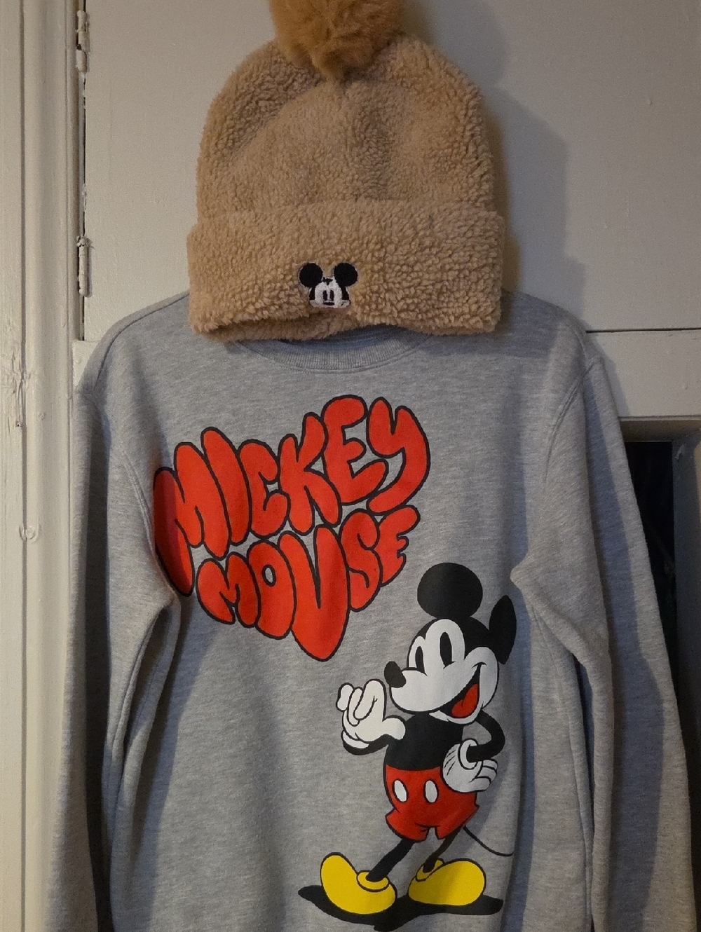 Disney Womens  Grey Crewneck with Red & Yellow Mickey Graphic